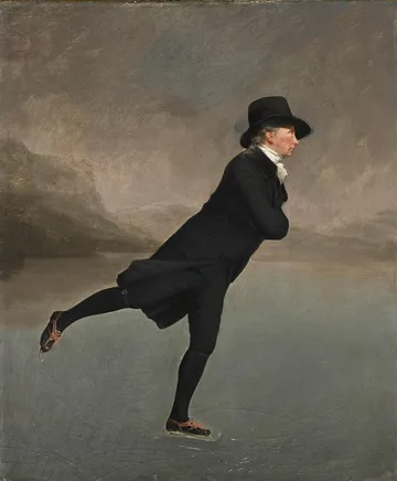 The Reverend Robert Walker skating on Duddingston Loch, in black, arms folded