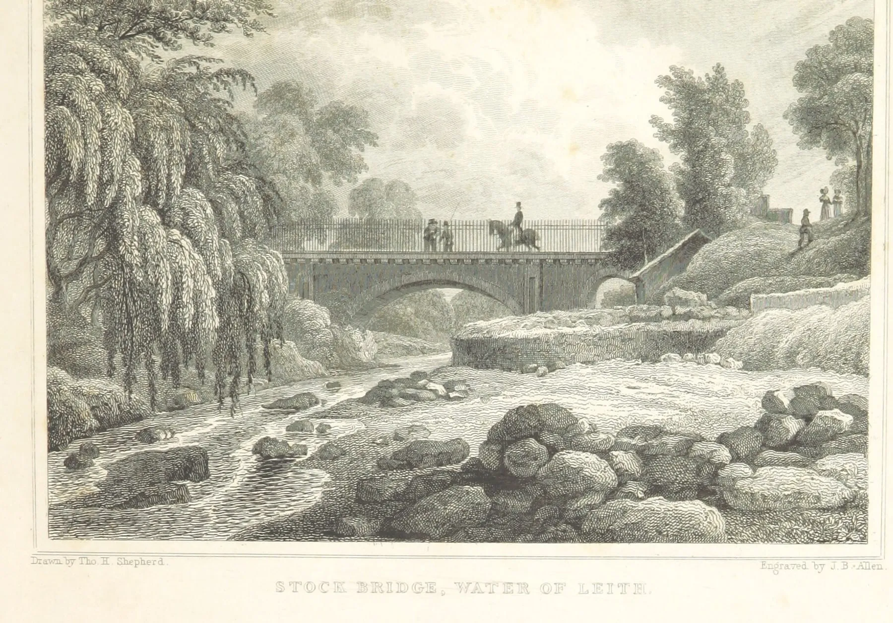 An 1829 engraving of the Stock Bridge over the Water of Leith, with trees and houses beyond