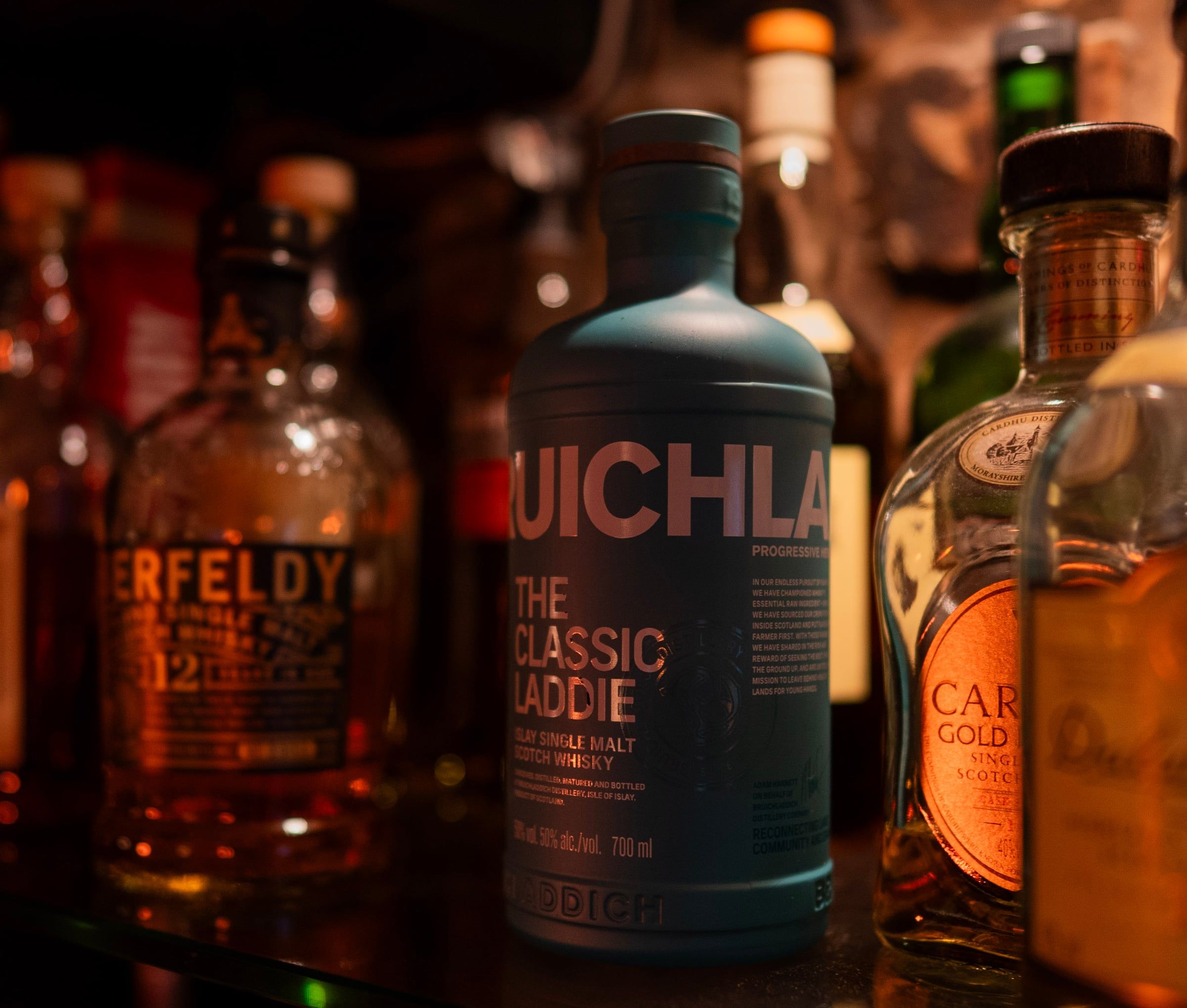 Bruichladdich, Aberfeldy and Cardhu on the gantry